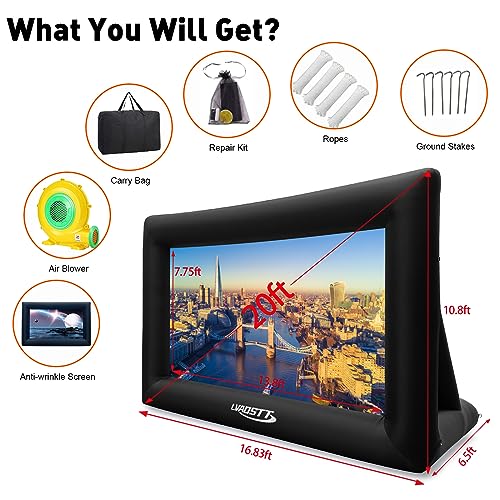 Inflatable Projector Screen, 20ft Inflatable Movie Screen Outdoor One-piece Design Front & Rear Projection Blow Up Movie Screen Outdoor Projector Screen Easy Set Up for Backyard Movie Night Pool Party