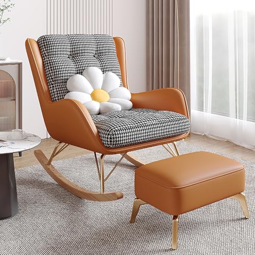 Oversized Rocking Chair with Cushion, Modern Accent Rocking Chair with PU and Solid Wood Legs, Rocking Chairs with Ottoman, Honeycomb Three-Dimensional Backrest for Bedroom, Living Room(Black)