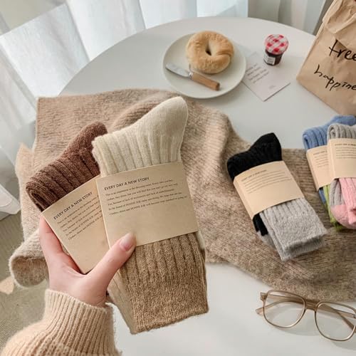 5 pairs - girls' autumn and winter color-blocked wool mid-tube socks, Japanese thick and warm pile socks3