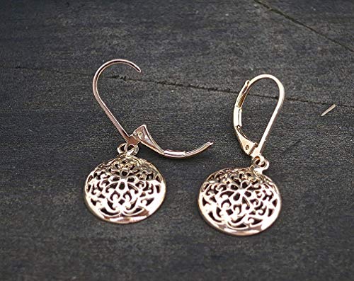 14k Gold Dangle Earrings, Mandala Circle Drop Earrings for Women, Ethnic, Handmade, Solid Gold Bohemian Jewelry