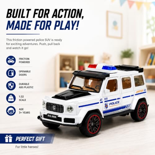 Image of 1:32 Scale G-Wagon Police Toy Car - Friction Powered ABS SUV with Openable Doors - Mini Collectible Police Vehicle for Kids, Boys & Enthusiasts (White)
