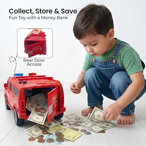 Image of Cable World Dual Function Police Car Piggy Bank for Kids, Electronic ATM Bank Toy, Battery Oprated 3D Light & Music Police Car, Money Savings Box Mini ATM Coin Bank for Boys & Girls Ages 3+