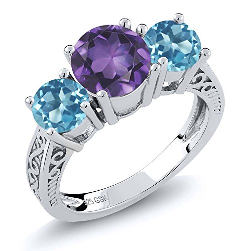 Gem Stone King 925 Sterling Silver Purple Amethyst and Swiss Blue Topaz Gemstone Birthstone 3-Stone Women s Engagement Ring 2.10 Ct Round (Size 7)