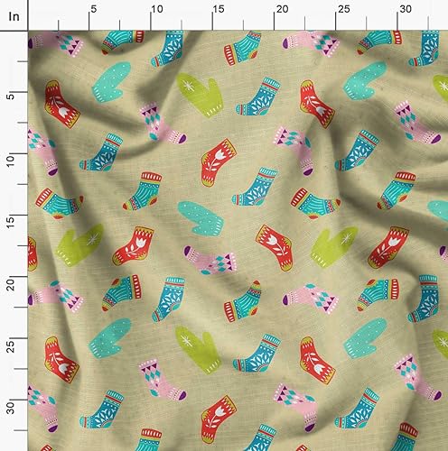 Image of Soimoi Beige Polyester Crepe Fabric Socks & Gloves Folk Art Print Fabric by the Meter 42 Inch Wide