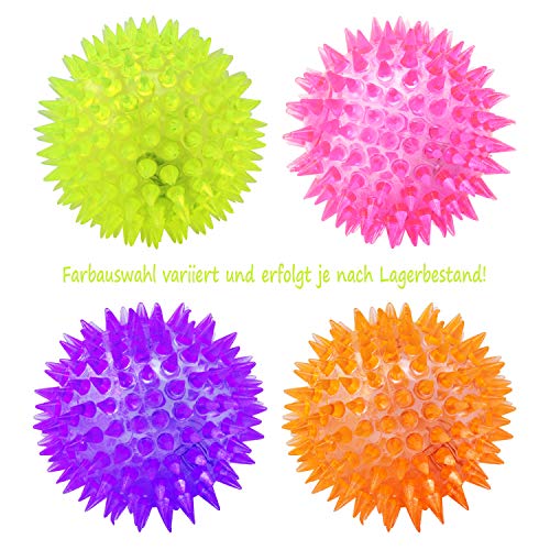 com-four® 4X Blink-Igelball mit LED Licht, Spielball, Blinkflummi, Stachelball, Mitgebsel für Kindergeburtstag, Gummiball Spielzeug - Massageball, Springball, Leuchtball Ø 7 cm [Auswahl variiert]
