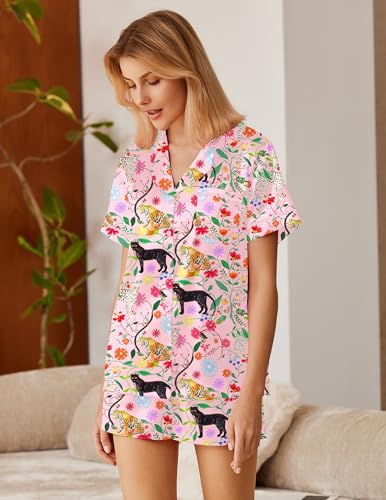 Image of Ekouaer Silk Satin Pajamas 2 Piece Pajamas for Women Set Button Down PJ Short Sleeve and Shorts Pjs Lounge Sets