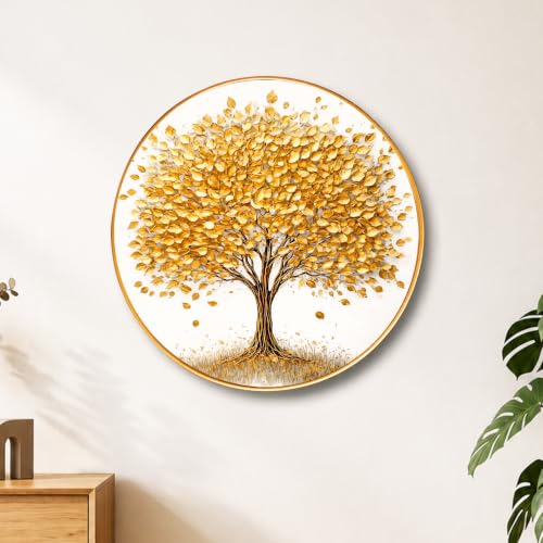 Image of PAINTINGMANTRA Golden Tree of Life Round Wall Art Painting With Frame For Living Room | Vastu-Inspired Prosperity Decor Framed Painting | Elegant Round Wall Hanging for Home, Office & Gifting, 16 In