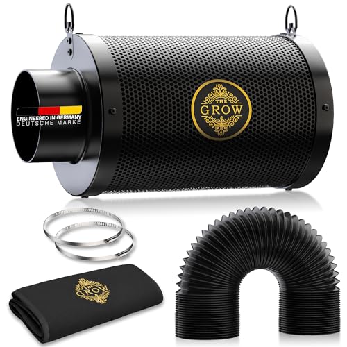 THE GROW PUREAIR 100 mm Aktivkohlefilter Set für Growbox und Growzelt Abluftfilter Geruchtsfilter mit RC412 Aktivkohle 38 mm Kohlebett 2 m Schlauch Schellen und Vorfilter