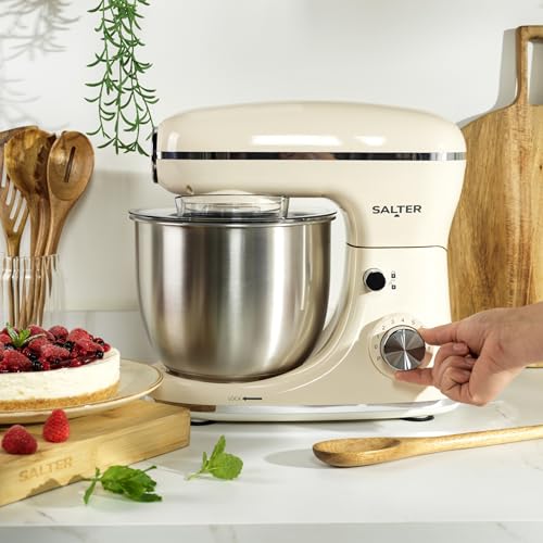 Salter Retro Cream Stand Mixer – 5L Electric Food Kitchen Mixer, Stainless Steel Removable Mixing Bowl, Accessories Included, Dough Hook, Wire Whisk, Beater, 8 Speed Settings & Pulse Function, 1300W - Image 6