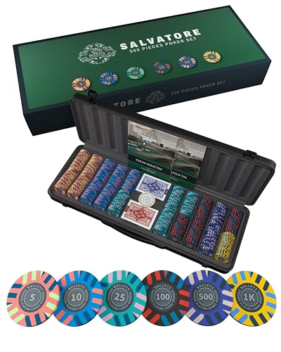 Bullets Playing Cards, Juego de póquer Salvatore con 500 fichas de póquer compuesto de arcilla sin núcleo de metal, con valores, incluye botón de cerámica y cartas de póquer