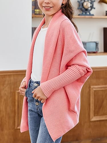Image of Girls Long Sleeve Open Front Casual Lightweight Soft Knit Cardigan Sweater Outerwear Pink