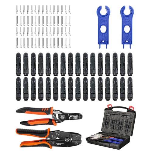 Image of 35PCS Solar Crimper Tool Kit, Solar Panel Cable MC4 Connectors 14-10AWG, 30 Pairs Male /Female Solar Connectors, 1PCS Solar Crimper, 1PCS Stripper, 2 PCS Spanner Wrench