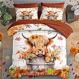 Pamnest Fall Comforter Set Queen Size, Funny Highland Cow 7 Pcs Bedding Set for Kids and Adults, Autumn Pumpkin Farmhouse Bed Sheet Sets with Fitted Sheet 2 Pillowcase & 2 Sham for Bedroom Bed Decor