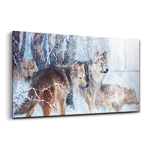 Peinture sur verre moderne 100x50cm grand tableau décoration murale forêt loups Wallfluent