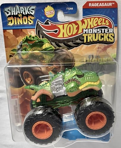Image of Hot Wheels Monster Trucks Sharks vs Dinos, 1:64 Scale Die-Cast Vehicle Collection, 2025 Edition (5 /8 Team Dino Rageasaur)