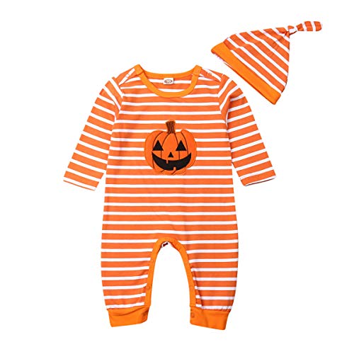 Newborn Baby Halloween Romper Toddler Girls Boys Striped Long Sleeve Pumpkin Face Jumpsuit Tulle Tutu Bodysuit Outfit with Hat/Headband (Striped Romper + Hat, 18-24 Months)