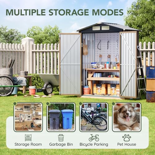 Image of 5x3 FT Outdoor Metal Storage Shed with Floor Frame, Double Door, 1 Clear Window, Tool Shed for Garden, Patio, Backyard Brown