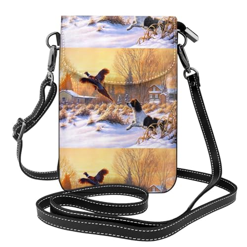 Pochette téléphone portable femmes avec motif chien et faisan en cuir PU