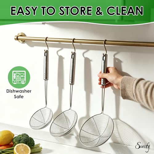 Image of Swify Spider Strainer Set of 3 Asian Strainer Ladle Stainless Steel Wire Skimmer Spoon with Handle for Kitchen Frying Food, Pasta, Spaghetti, Noodle-4.3 inch, 5 inch, 5.7 inch