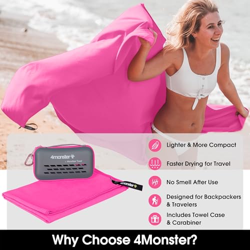Image of 4Monster Quick Dry Travel Towel with Case & Carabiner - Super Absorbent Microfiber Gym & Camping Towel. Compact, Lightweight, Fast Drying for Beach, Swimming, Hiking, Backpacking