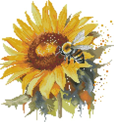 Image of Meecaa Cross Stitch Kits 14 Count Stamped, Sunflower Flower Bee Embroidery Kit with Accessories Pre Printed (28x30cm)(Sunflower)