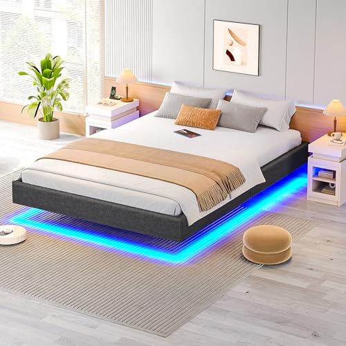 Brinlawb Bett 90x200 mit Lattenrost aus Holz, Bettgestell 90 x 200 cm mit LED Beleuchtung, Gästebett Jugendbett 90x200 cm Einzelbett Schwebebett mit Grauem Leinen, perfekt für Schlafzimmer Gästezimmer