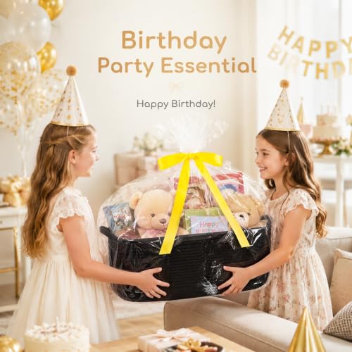 Image of OIASKET Large Empty Cotton Rope Gift Basket with Handles, 16.5 inchx12.6 inchx7 inch Decorative Woven Storage Basket with Gift Bag and Ribbon Set for Baby Shower, Toy Organizer for Kids, Dogs & Cats - Black