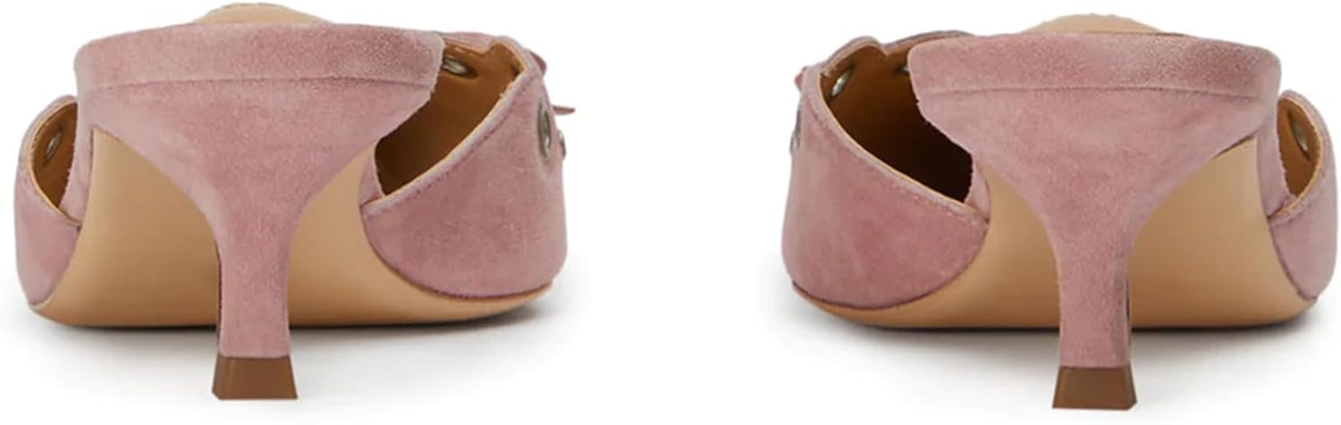 olomisa Womens Kitten Heels, Bow Studded Heeled Mules Pointed Toe Low Heel Sandals Suede Leather Slip on Kitten Heel Pumps - Image 5