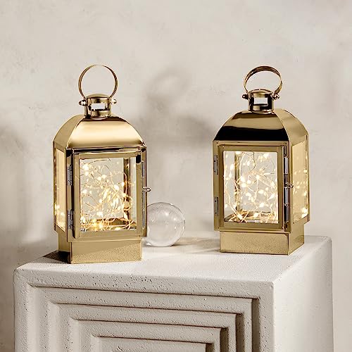 Lamplust Gold Lanterns Decorative Set - 8 Inch, 2 Pack, Led Fairy Lights, Battery Operated, Metal And Glass, Wedding Centerpieces, Eid & Ramadan Decorations - Timer & Batteries Included #TOP24
