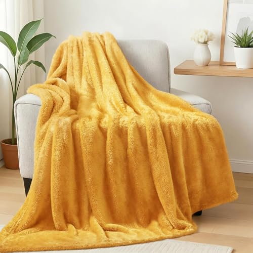 Image of Exclusivo Mezcla Plush Fuzzy Fleece Throw Blanket Extra Large, Super Soft, Fluffy and Warm Blankets for Couch, Bed, All Season (Mustard Yellow, 50x70 inches)