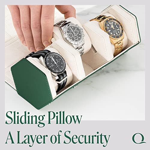 Qwatchbands Napa Leather Watch Rolls For Men - Hexagon Triple Watch Roll Travel Case For 3 Watches - Storage Organizer Genuine Leather With Velvet Interior Display (Green/Cream) #TOP4