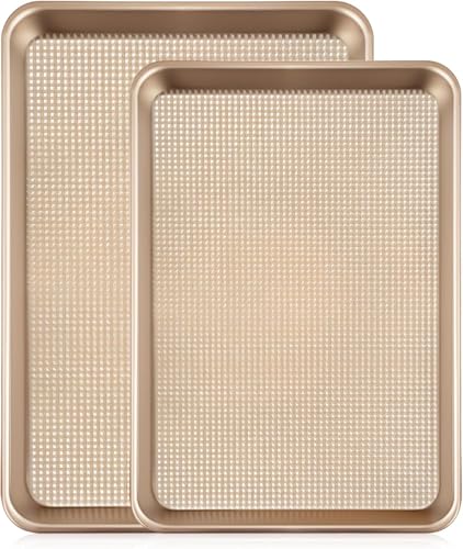 Baking Sheet Set of 2, Cookie Sheets for Baking with Square Texture Pattern, Thicker Carbon Steel Non-Stick Baking Pan Quarter/Jelly Roll Pans Tray for Oven 15-GD