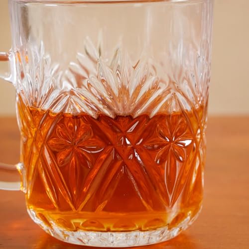 Image of Nestasia Set of 6 Transparent Glass Tea Cups (230ml Each) - Diamond Embossed Durable & Chip-Resistant Coffee Mugs | Perfect for Coffee, Tea, Hot & Cold Beverages