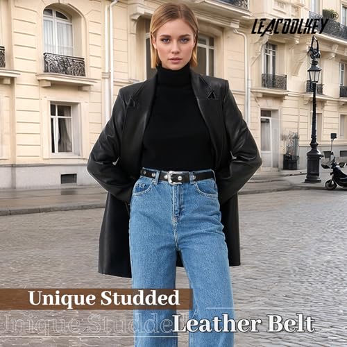 LEACOOLKEY Women Leather Belts for Jeans Dress Fashion Gold Black Leather Belt Women Studded Belt Punk Leather Belt4