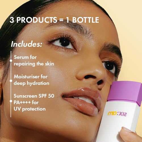Image of SIX:AM 3-in-1 Korean Sunscreen SPF 50 PA++++ with 2% Niacinamide & Bisabolol | Anti-ageing & Brightening Sun screen for Sensitive, oily and dry skin | Lightweight, Non-Sticky Serum + Moisturiser + Sunscreen for Sun Protection | No White Cast