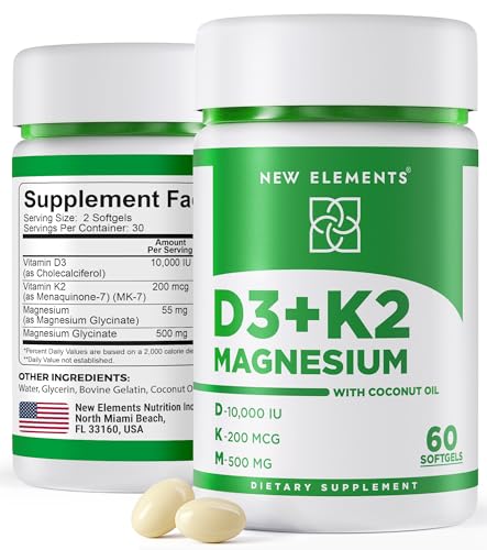 New Elements Vitamin D3 K2 10,000 IU with Magnesium Glycinate 500mg - Bone Health, Immune Support, Energy & Mood - Non-GMO, Gluten-Free, Sugar-Free Softgels for Women & Men (60 softgels)