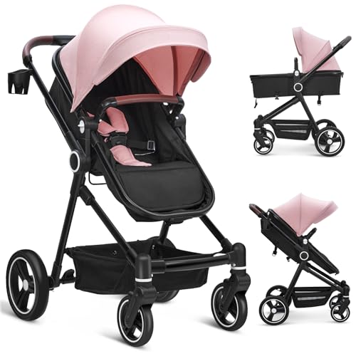 Image of 2 in 1 Baby Stroller for Toddler 0-3, Bassinet Stroller for NewbornToddler with Large Storage Basket, Removable Seat, Cup Holder, Shock Absorbing