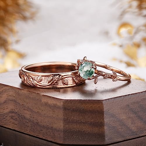 Natural Moss Agate 10K 14K 18K Gold Spiritual Leaf Couple Rings Set Anniversary Birthday Engagment Jewelry Gifts for Couple4