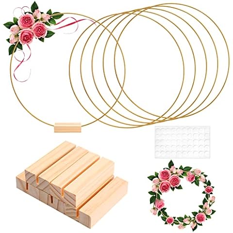 6 Stück Metallringe 30cm Metallringe zum Basteln, Gold Metall Deko Ringe mit Holzständer, Kranz Metallring für Traumfänger Makramee Ringe DIY Basteln Handwerk Cover