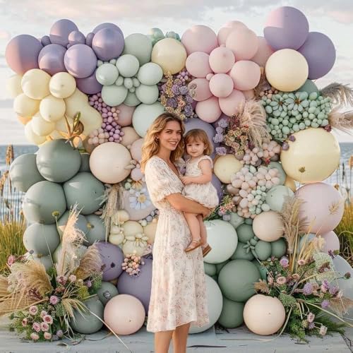 Image of Dusty Green Purple Pink Balloon Arch, Double Stuffed Lavender Light Sage Green Ivory Blush Pastel Balloon Garland Kit for Baby Shower Birthday Wedding Bridal Wild-Flower Tea Party Decoration