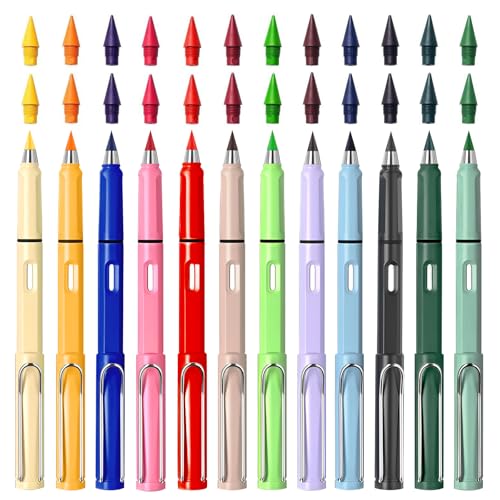 Set de Lapiz Infinito Swify, 12 Piezas Macarrón Lapices Eternos de Colores con Borrador Incorporada y 24 Recambios, Reutilizables, Sin Necesidad de Afilado, Regalo para Niños para Escuela, Dibujo