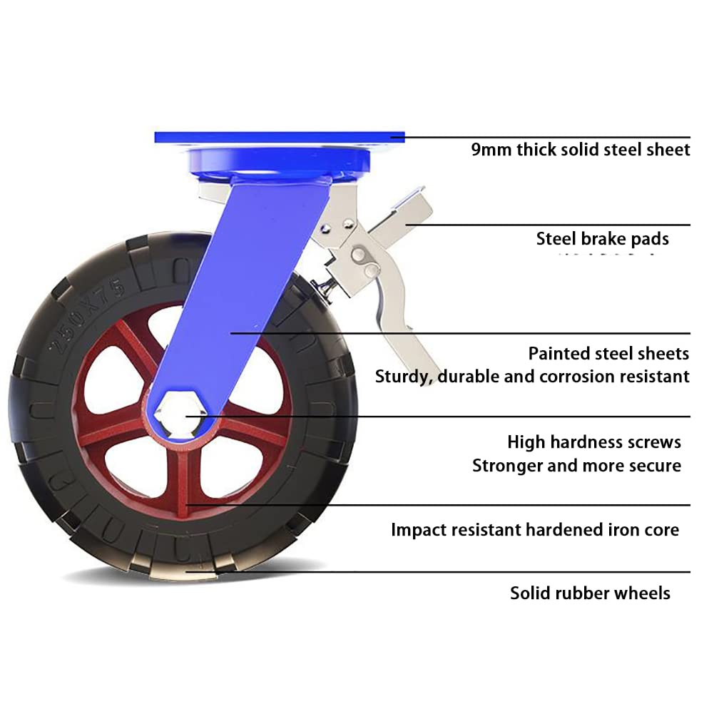1 × Ruedas industriales 10 pulgadas (250mm) Ruedas de alta resistencia 1000kg Goma Silenciosas Ruedas giratorias con freno Remolque Carro Banco de trabajo Equipo pesado Estantería Maquinaria