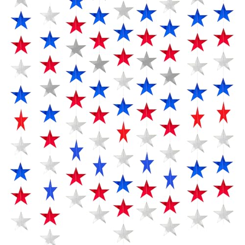 Image of Glitter Star Garland Banner Decor 130 Feet Star Garland Hanging Bunting Banner Backdrop for Independence Day 4th of July Decorations Party(Red Blue Silver)