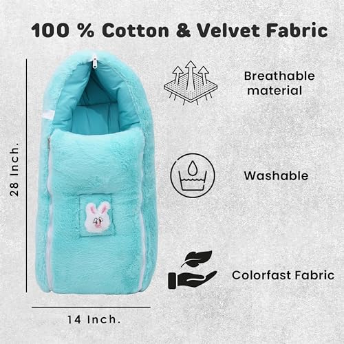 Image of VoiDrop Baby Carry Bed Cum Sleeping Bag 2 in 1 for New Born Babies (0-12 Months) Baby Fur Material Portable Travelling Bed for Infants (Velvet-Sea Green)