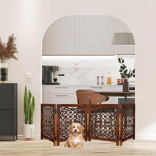 Cosmic Zenart Wooden Freestanding Foldable Safety Gate, Dog Gate for Home, Portable Pet Step Over Fence for Doorway || B Design (4 Panel - Brown)