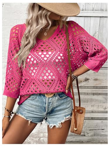 Image of Verdusa Women's Crochet Beach Summer Sweater 3 /4 Length Sleeve Boho Off The Shoulder Tops