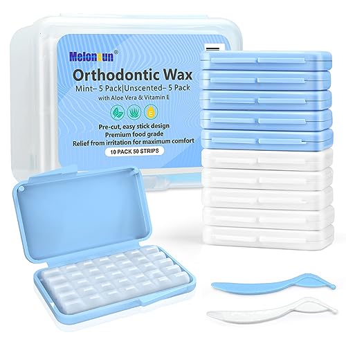 Braces Wax for Braces & Aligners – Premium 50 Pre-Cut Orthodontic Wax Strips (350+ Dots) with Applicators, Food-Grade Dental Wax, Long-Lasting Protection (Unflavored/Mint with Aloe Vera & Vitamin E)