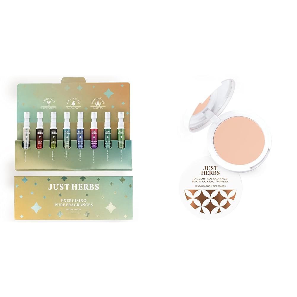 Just Herbs EDP Perfumes Trial Set of 8 x 3ml (Fresh & Woody) & Just Herbs Oil Control Radiance Booster Age Defying Compact Powder for face Makeup 9g (Porcelain) Combo