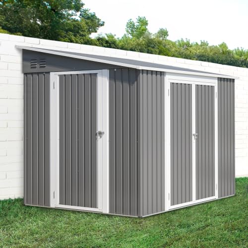 Caseta de jardín de metal de 6 x 8 pies, resistente a la intemperie y al óxido, puertas dobles con cerradura, incluye kit de suelo, garaje para bicicletas y caja de basura para jardín y terraza, color