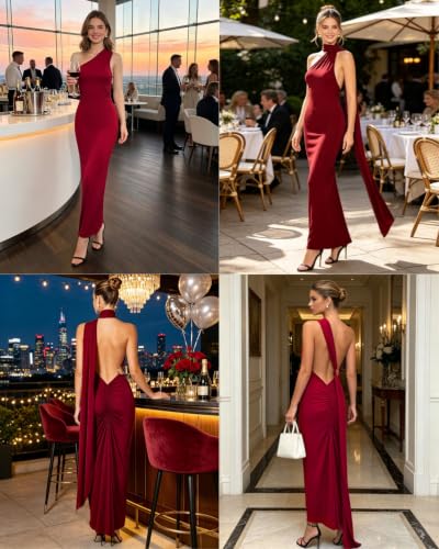 Image of Suillty Women's Sexy Oblique Shoulder Backless Maxi Dress Ruched Back Strap Sleeveless Party Club Long Dresses Bodycon